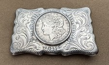 VTG Old Western Frontier Engraved Sterling 1921 Morgan Silver Dollar Belt Buckle picture