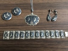 Siam Vintage 925 Sterling Silver Black Enamel Niello Mythology Dancer Set picture