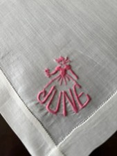 Lovely Vintage 12” Handkerchief  Monogram “JUNE”~ White w/Pink Embroidery picture