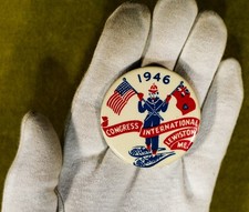 Vintage Celluloid Pinback 1946 International Snowshoe Congress Lewiston, Maine picture