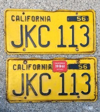 Vintage Matching Pair Of 1956 California License Plates JKC 113 Man Cave Decor picture