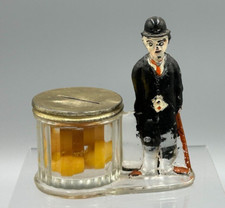 c 1910 CHARLIE CHAPLIN by SMITH Glass CANDY CONTAINER Coin Bank Antique E&A 138 picture