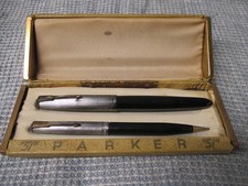 Vintage Parker 51 Satin Silver Black Fountain Pen Mechanical Pencil Set w/ Case picture