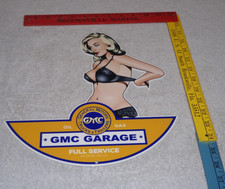 VINTAGE GENERAL MOTORS TRUCK TRAILER SERVICE GARAGE 👩 WOMAN METAL GASOLINE SIGN picture