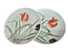 Antique German Majolica Tulip Plates Pair #723 Art Nouveau Early 1900s 7
