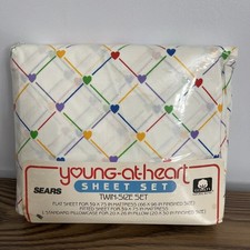Vintage  Sears Young At Heart Rainbow Hearts Twin Size Sheet & Pillowcase Set picture