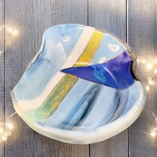 Hand Made Fused Glass Iridescent Dish Bowl Freeform Glassware Decor Vintage Bowl picture