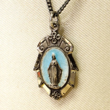Vintage HMH STERLING SILVER & Enamel Religious Miraculous Medal Pendant Rare picture