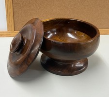 Vintage Hand-Turned Wood Lidded Pedestal Bowl - Mid-Century Modern Trinket Candy picture