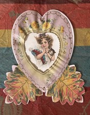 Antique 1920s paper litho Valentine heart girl with clown cat floral leaves picture