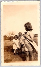 Vtg B&W Snapshot Three Young Girls Striped Dress Country Field 1940s picture