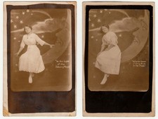 1910s Paper Moon RPPC Pair Same Woman Chicago Kamin Studio Man in Moon picture