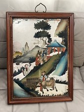 Antique Chinese Reverse Painted Glass Painting w Man Donkey Cart Women Landscape picture
