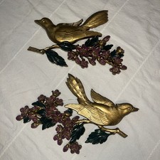 VTG 1960’s SYROCO HOMCO PLASTIC WALL DECOR BIRDS DOGWOOD RETRO GOLDTONE PAINTED picture