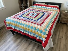 Vintage 1960s 70s Handmade Patchwork Quilt Colorful Geometric Retro Bedspread picture