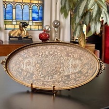 Vtg Victorian Glass Vanity Perfume Tray Lace Doily Cloth Inside Oval Brass Frame picture