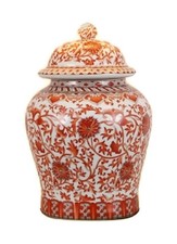 Beautiful Orange/Coral And White Porcelain Chinoiserie Temple Jar 13