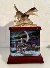 The Bradford Exchange Wolf Figurine w/ Lighted Wooden Base, Scenic Panels picture