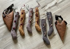 HANDMADE PRIMITIVE STYLE ORNAMENTS PLAID STOCKING LEGS AND HEARTS BUTTON STITCH  picture