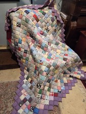 VINTAGE POSTAGE STAMP QUILT PUFF SCRAPPY PATCHWORK VIBRANT HAND SEWN 70”X110” picture