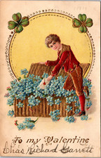 Valentine Postcard Boy in Basket of Flowers Embossed Posted 1907 picture