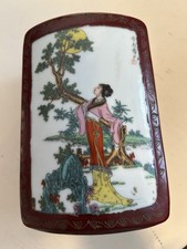 Vtg. Japanese Handpainted Porcelain Shard Lacquer Box Geisha Pattern SIGNED picture