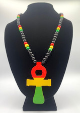 wooden ankh cross necklace rasta colors Egyptian protection religion beads picture