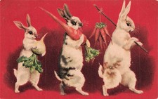 Easter Bunny Rabbits Carrying Carrots Red Background Parade Vtg Postcard I61 picture