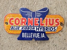VINTAGE 1950'S CORNELIUS BLUE RIBBON HYBRID PORCELAIN SIGN , BELLEVUE, IA. picture