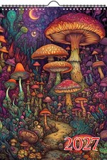 2027 Wall Calendar ~ Fascinating Hippie Mushrooms Neon Psychedelic Hippie Boho picture