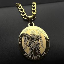 Gold Saint Raphael Protect Us Medal Necklace - Stainless Steel Christian Gift picture