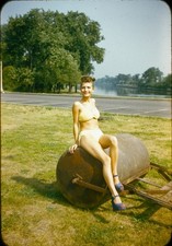 Red Border Kodachrome c1950s BEAUTIFUL WOMAN BATHING SUIT POSING LAWN ROLLER picture