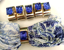 MCM 6pc Napkin Ring Set Stainless Steel Emerald Cut Cobalt Blue Glass Hong Kong  picture