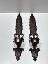 Vintage Pair Brass Wall Scones Hollywood Regency Candle Holder 15.5” Long (2) picture