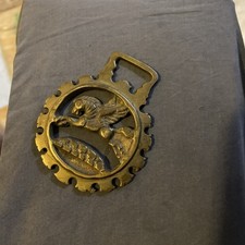 Brass Horse Medallion Vintage English Pegasus Fly Myth Fantasy Crown Harness picture