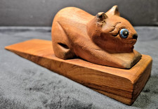 Vintage Hand Carved Wooden Door Stop Cat Kitten Blue Eyes Folk Art Cottagecore picture