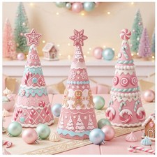 3 Pcs Pink Gingerbread Christmas Tree Figurines Pastel Table Decor | Resin Ch... picture