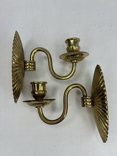 Pair Of Vintage Brass Scalloped Wall Sconce Candle Holders 5” X 5” picture