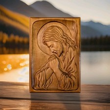 Vintage Hand Carved Wood Jesus Praying Wall Plaque Christian Religious Art picture