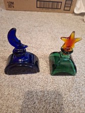 VTG 90s Celestial Glass Perfume Bottles Moon Star Cobalt Blue Green Lot of 2 picture