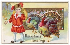 1911 Thanksgiving Postcard Girl Turkeys Mica Glitter Embossed Stecher 204C picture