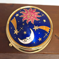 Vintage Celestial Sun Moon Stars Enamel Pill Box  Gold Tone picture