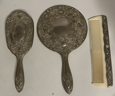 Vintage Vanity Set Silver Plate Hand Mirror Brush Comb 3 Piece Ornate picture