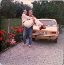 Vintage 1970s Gay Interest Photo Two Men Playful Pose German Car 3.5x3.5 picture