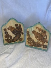 Vintage Folk Art Bird Bookends Wood & Copper Repoussé Pair Turquoise Boho picture