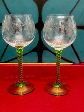 Set Of 2 Antique Bohemian Lemmare Liqueur Glass Green Stem Shot Glass 7” 1900s picture