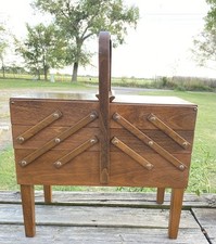 VTG 1960’s Strommen Bruk Hamar Norway Wood Sewing/Craft Box W/ Craft Items picture