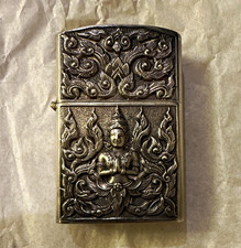Vintage Silver Tone Flip-Top Pocket Lighter, Embossed Thai Deity Elephant picture