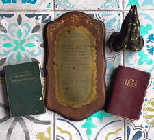 4pc Vintage Religious Decor Lot Praying Hands Brass Plaque & Bible & Priesthood picture