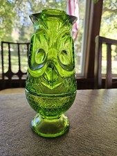 Vintage Viking Glass Green Owl Fairy Lamp Tea Light 2 Piece Collectible picture